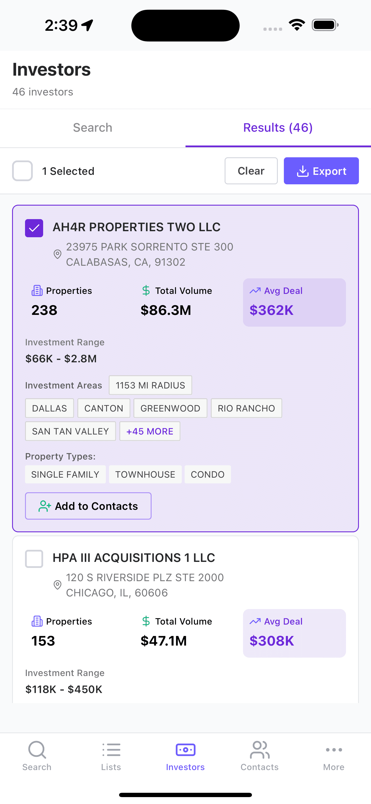 Property results surfaced from an AI-assisted investor workflow